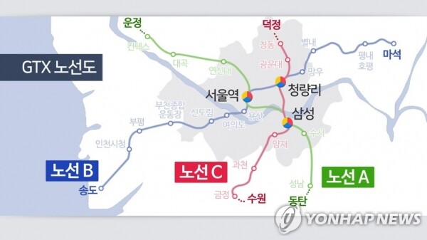 경기도와 인천 거주자들의 기대를 모았던 GTX-B 노선은 예타 면제 사업에서 제외됐다. GTX 노선도 [그래픽= 연합뉴스]