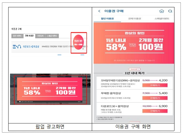 '소리바다' 팝업 광고화면 및 이용권 구매 화면 사례. [출처= 공정거래위원회]