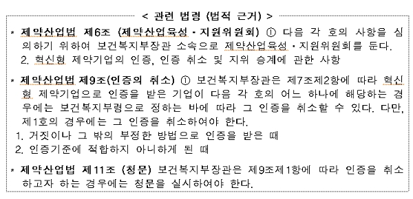 혁신형 제약기업 인증 취소 관련 법령. [출처= 보건복지부]