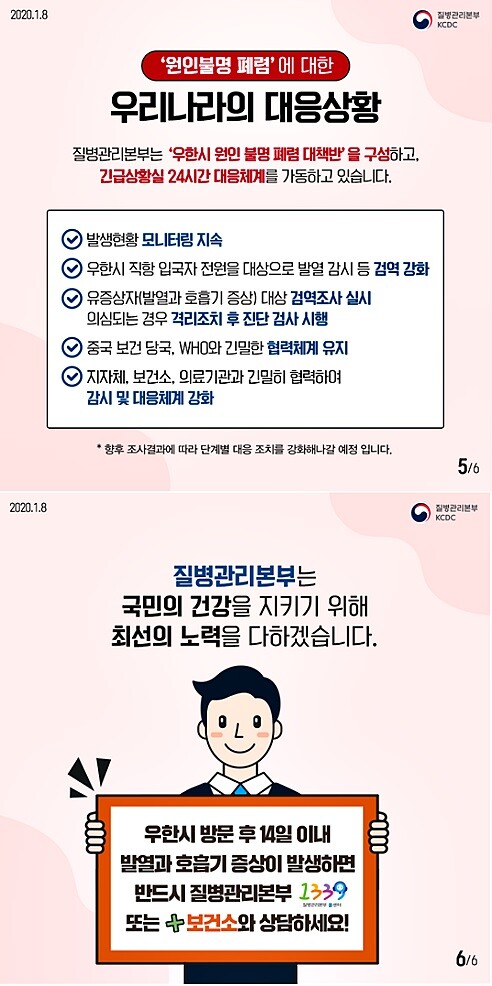 중국 후베이성 우한시 원인불명 폐렴 발생 카드 뉴스. [출처= 질병관리본부]