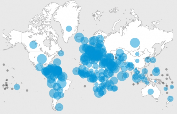 전세계 코로나19 확진자 발생 지도. [출처= 세계보건기구(WHO)]
