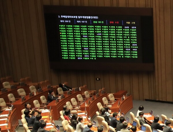 30일 오후 국회 본회의에서 전월세상한제와 계약갱신청구권을 도입하는 내용의 주택임대차보호법이 야당의 불참 속에 통과되고 있다. 미래통합당은